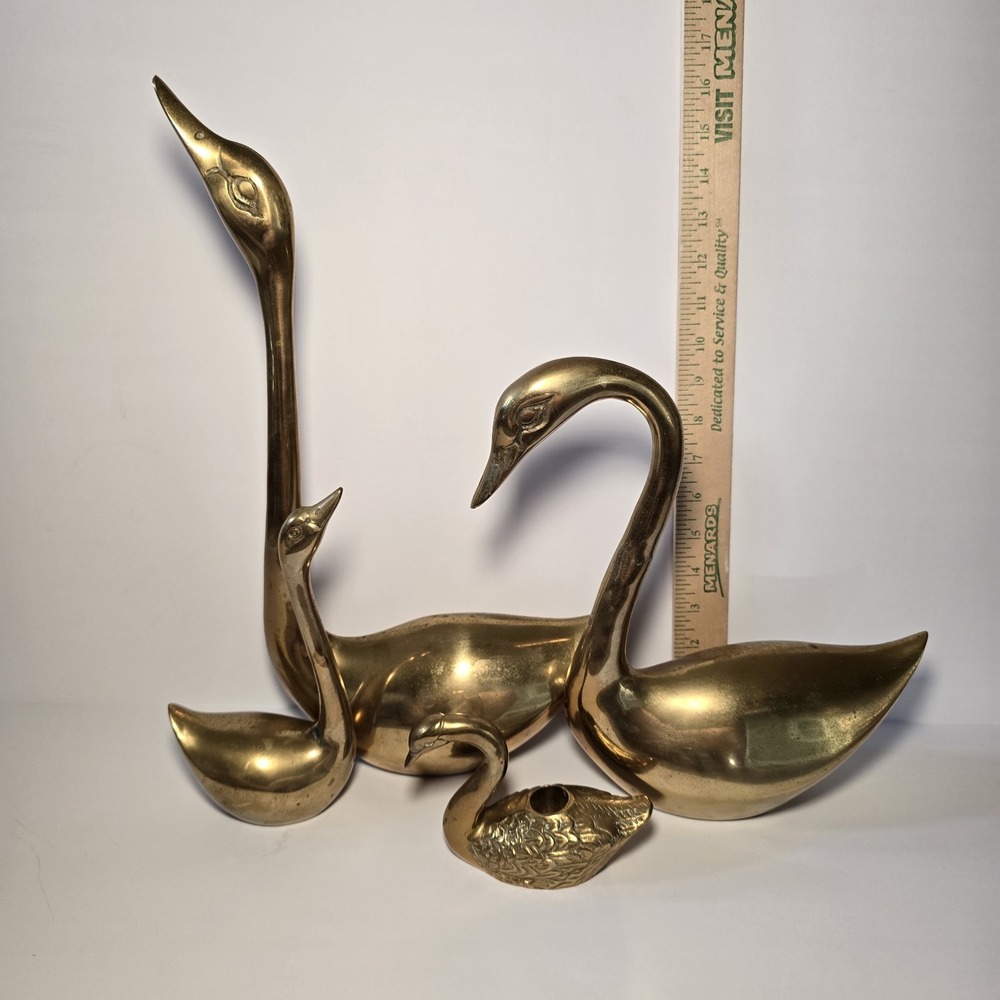 Vtg lot of 4 Large Solid Brass Swan Sculptures MCM Patina Aging Different sizes